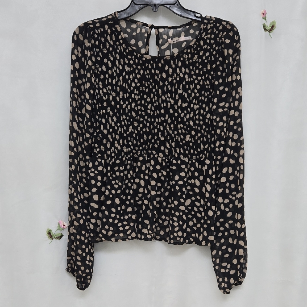 Francesca's Mi Ami* Sheer Black & Cream Polka Dot Peplum Blouse* Size: L
